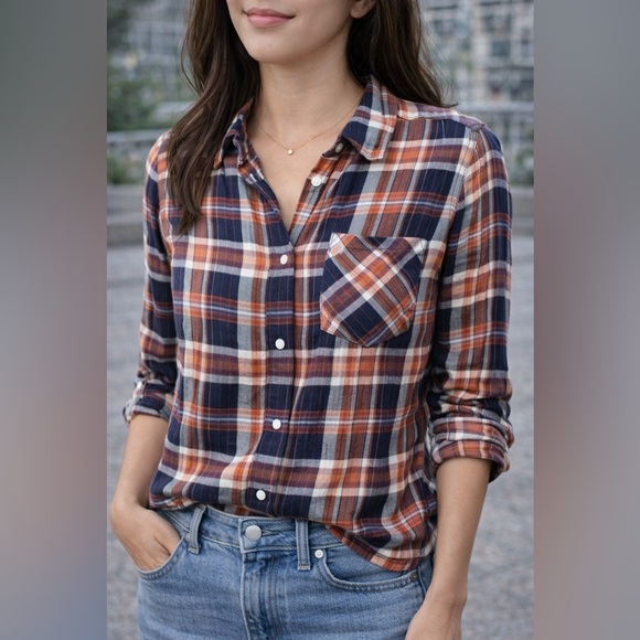 Lucky Brand Tops - Lucky Brand Navy and Orange Plaid Shirt Medium